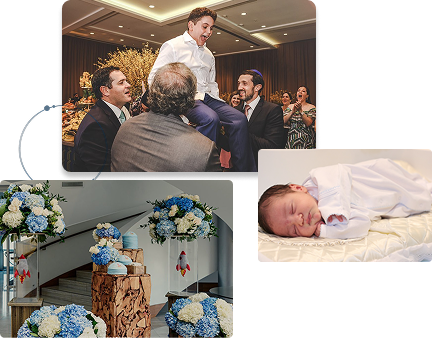 Collage of event photos including a bar mitzvah, cake, and baby